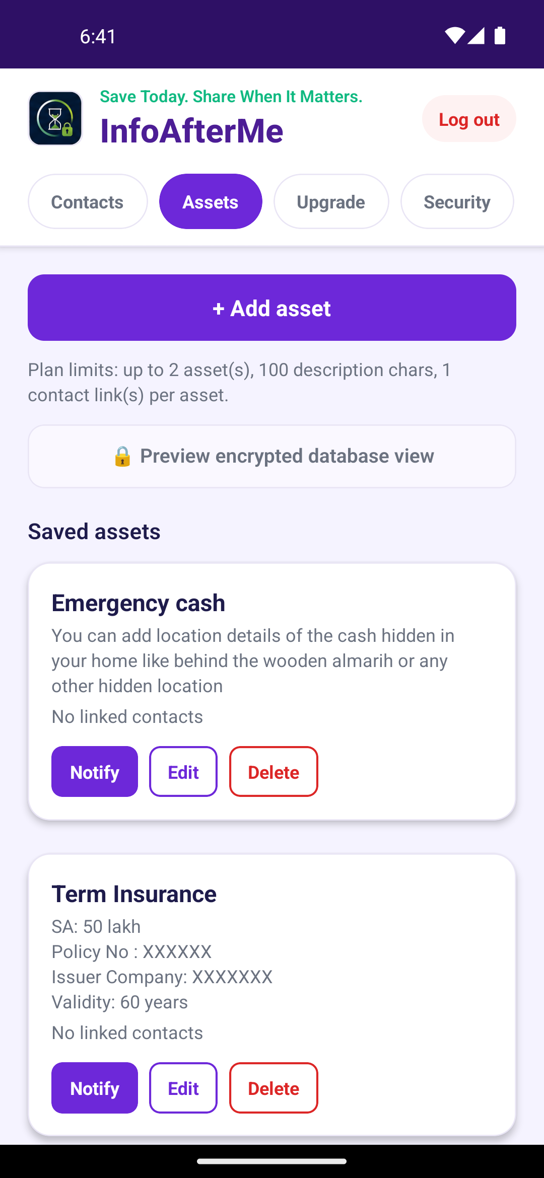InfoAfterMe app home screen